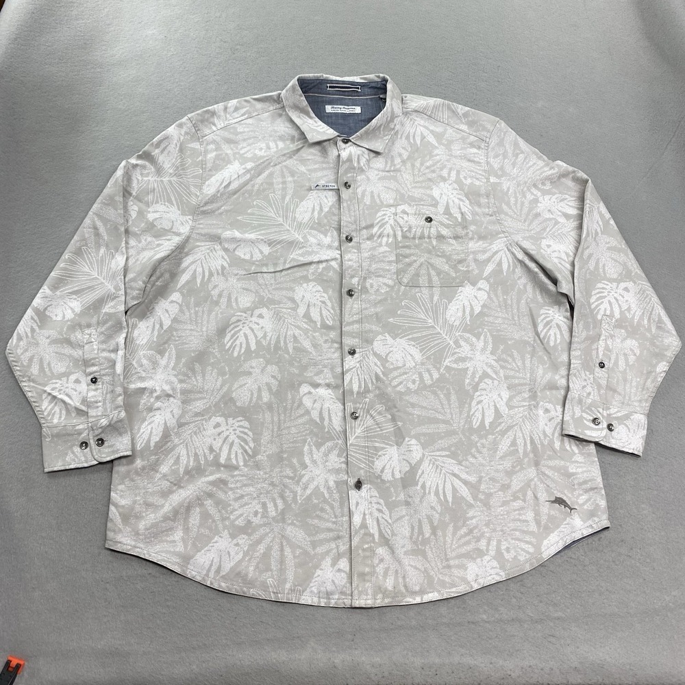Tommy Bahama Light Gray and White Tropical Print Button-Down Shirt